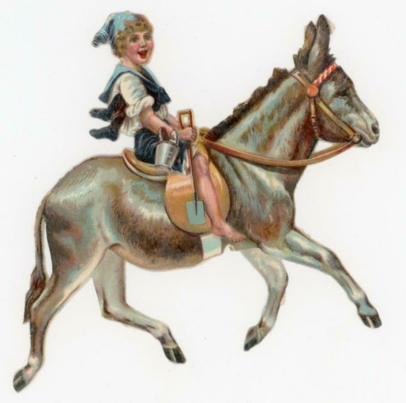 1880's Boy Riding Donkey Bucket Sand Pail Die Cut Victorian Scrap X319
