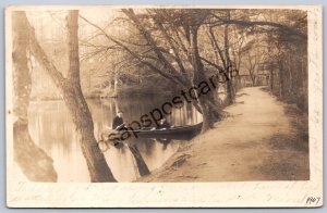 K48/ Bridgeton New Jersey RPPC Postcard c1910 Boat Lake Shore People 520