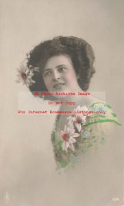 PFB Tinted RPPC No 234, Studio Shot, Pretty Woman with Flowers in Hair on Shirt
