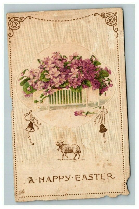 Vintage 1914 Easter Postcard Beautiful Purple Flowers Cute Gold Lamb & Bells