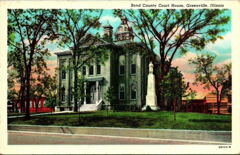 Greenville Illinois IL Bond County Court House Civil War Monument Linen Postcard