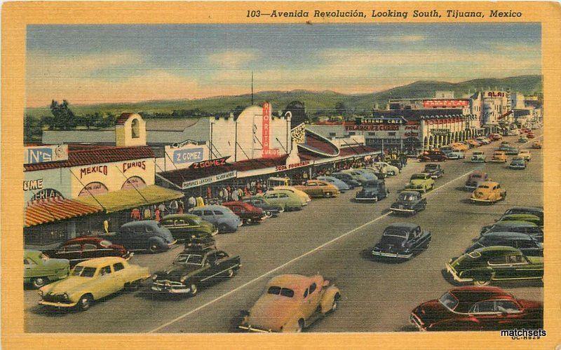 1930s Avienda Revolucion looking South TIJUANA MEXICO Autos TEICH postcard 1743