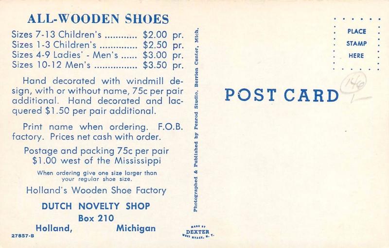 Dutch Novelty Shop Holland Michigan All Wooden Shoes Postcard