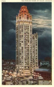 Vintage Postcard Tribune Tower By Night W. G. N. Radio Studios Chicago Illinois