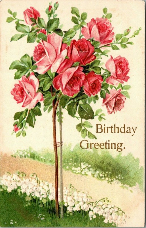 BIRTHDAY GREETINGS - EMBOSSED - ROSES  - FLOWERS - VINTAGE POSTCARD