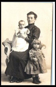 1910s Woman with Baby, Little Girl and Teddy Bear RPPC Real Photo Postcard