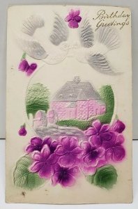 Birthday Greetings Embossed Airbr Doves Cottage Flowers Souderton Pa Postcard D7