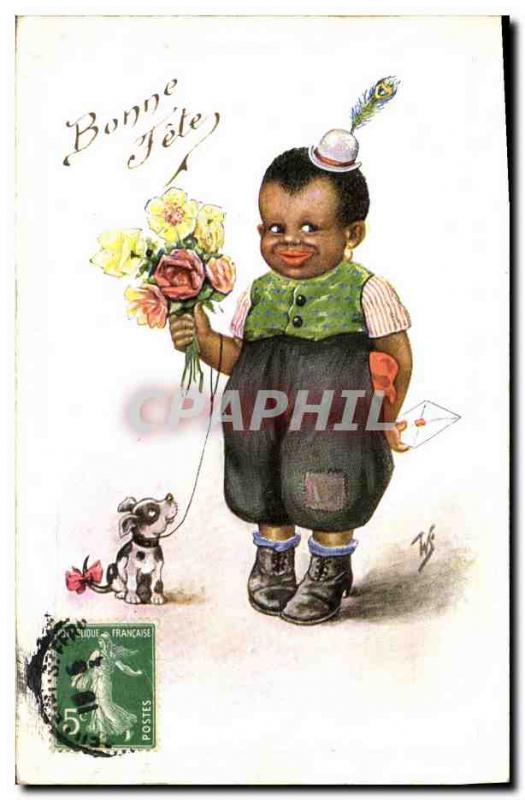 Postcard Old Negro color Child Dog