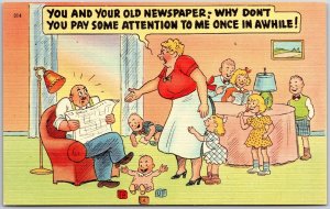 Woman With Seven Children Nagging The Man Reading Newspaper Comic Card Postcard