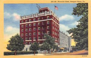 NEWPORT NEWS, VA  Virginia      WARWICK HOTEL      Roadside c1940's Postcard