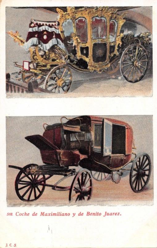 COCHE de MAXIMILIANO y de BENITO JUAREZ~MEXICO JCS #518 POSTCARD 1900s