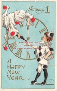 New Year, Julius Bien No 5502, Pierrots, Man Pouring Champagne for Woman, Clowns