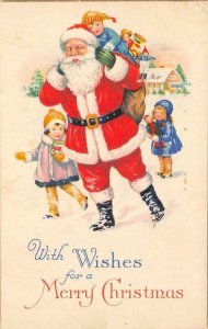 SANTA CLAUS Toys, Children MERRY CHRISTMAS Greetings 1930 Vintage Postcard