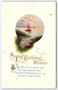 1916 Happy Birthday Wishes Sailing Boat In Ocean Greetings Card Posted Postcard