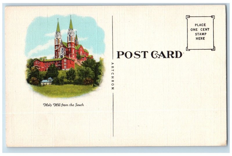 Hubertus Wisconsin WI Postcard Holy Hill Carmelite Schedule Map c1940s Holy Hill