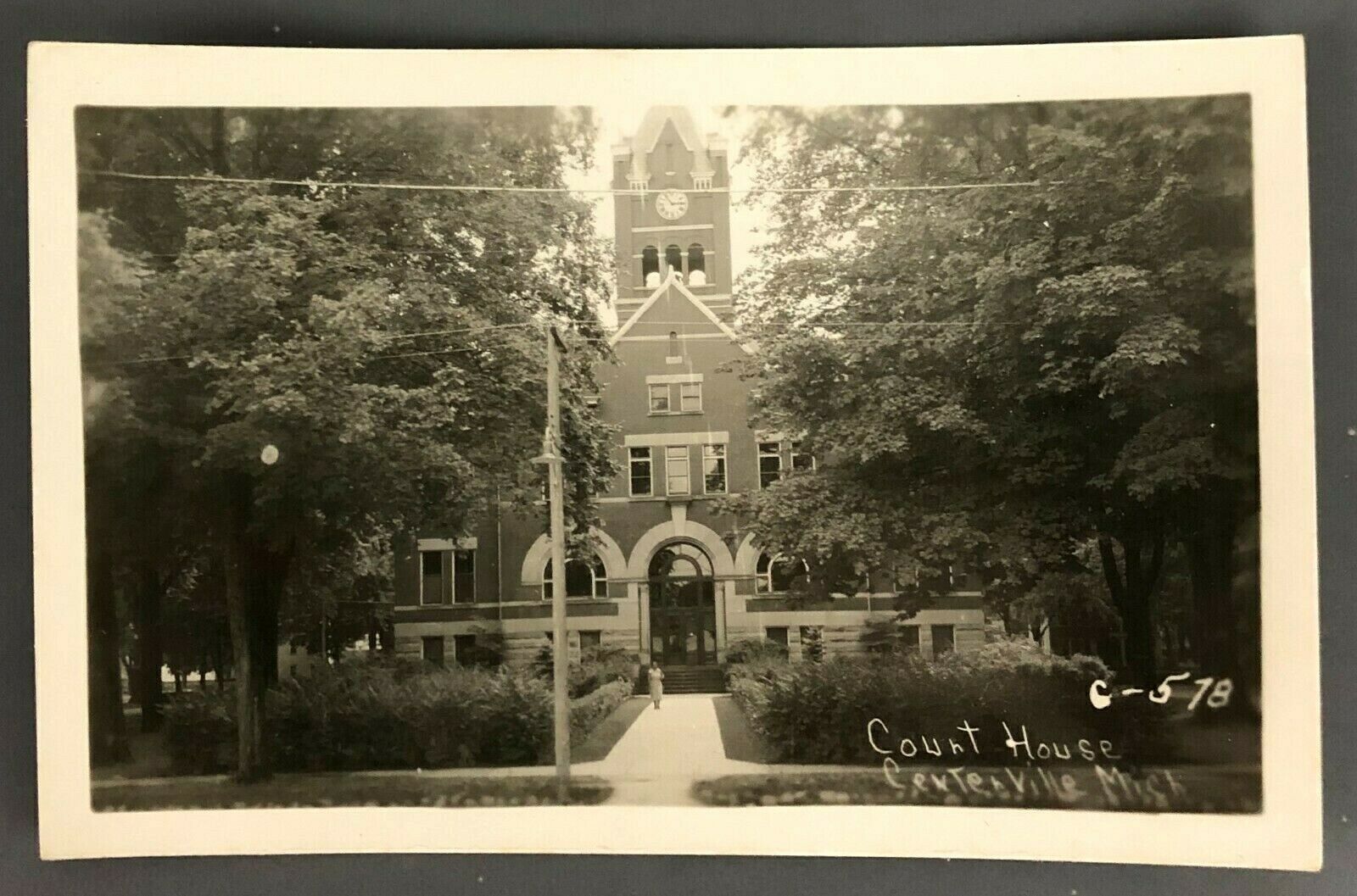 1940s Centerville MI Courthouse Tower Clock Front View Woman RPPC