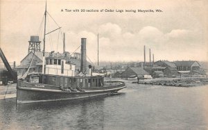 TOW 20 SECTIONS OF CEDAR LOGS MARYSVILLE WISCONSIN SHIP LOGGING POSTCARD (1910)