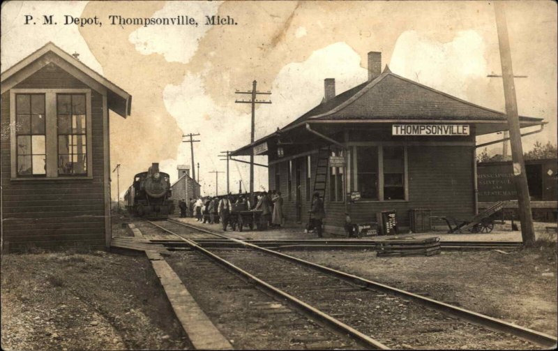 Thompsonville MI PM RR Train Depot Station c1920 Real Photo Postcard