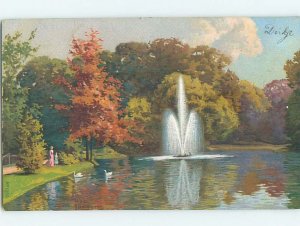 Pre-1907 foreign signed GIRL IN MOM VIEWING SWAN BIRDS AT THE LAKE HL8101