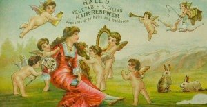 Hall's Vegetable Sicilian Hair Renewer, Lady Long-Hair Cherubs Mirror Fan C3