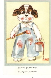 Animals. Dog, the walls painter Humorous old vintage Belgian postcard