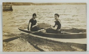Rppc Early 1900s Woman Bathing Suits in Row Boat on Lake Real Photo Postcard O9