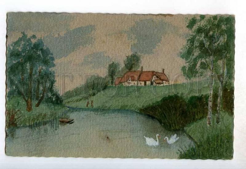 248983 Russia swan village landscape Vintage hand painted PC