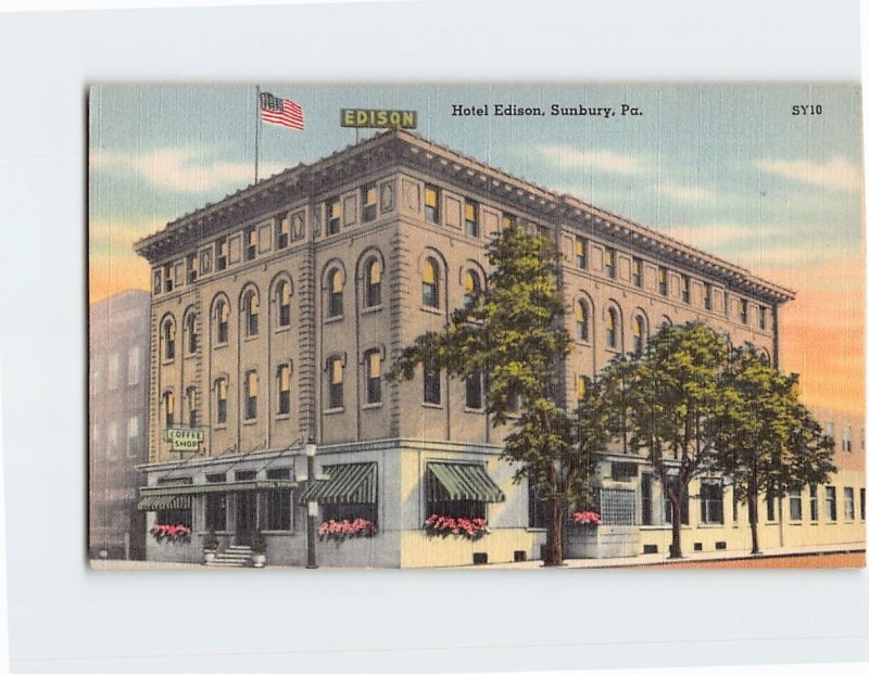 Postcard Hotel Edison Sunbury Pennsylvania USA