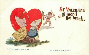 AH Artist impression Valentine Cupid heart Sun bonnett girl Postcard 20-6136