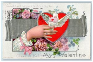 1911 Valentine Woman Hand Flowers Dove Embossed Posted Antique Postcard