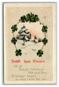 Vintage 1916 International Art Best Wishes Postcard 4 Leaf Clovers Snowy Church