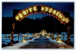 c1960 Venite Adoremus Snow Christmas Shrine Our Lady Grace Colebrook NH Postcard