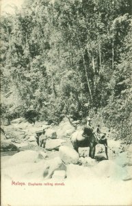 straits settlements, Malay Malaysia, Elephants rolling Stones (1910s) Postcard