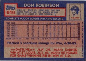1984 Topps Baseball Card Don Robinson Pittsburgh Pirates sk3588