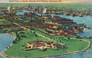 USA Aerial View of Harbor Showing Fort McHenry Baltimore Linen Postcard 08.14
