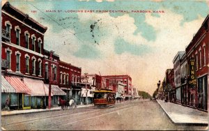 Postcard Kansas Parsons Main Street View Streetcar Bing Clothing Store 1910 V66