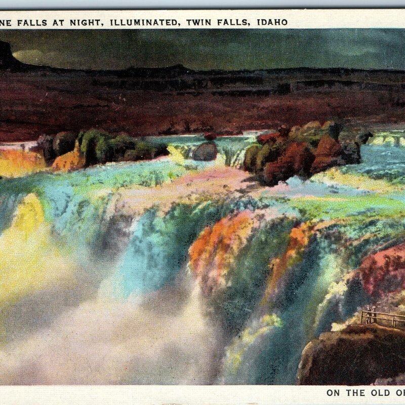 c1940s Twin Falls ID Shoshone Falls Night Illuminated Rainbow Iridescent PC A253