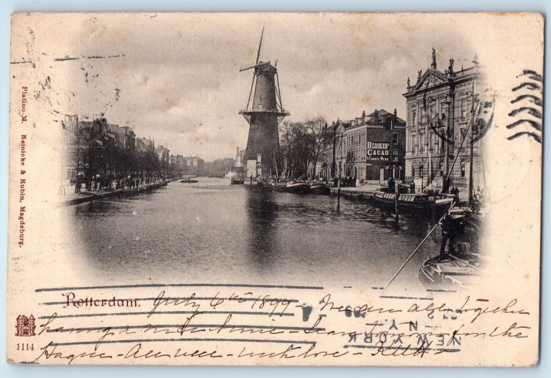 Rotterdam Netherlands Postcard Windmill Tower Buildings Boat Canal 1899