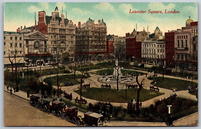 Vtg London England Leicester Square Park Street View Old Cars 1910s Postcard