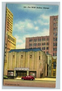 Vintage 1940's Postcard Antique Car in Front of WGN Studios in Chicago Illinois