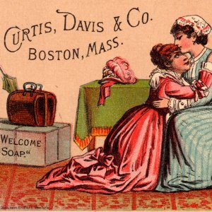 1880's Two Women Hugging Curtis Davis Welcome Soap Boston MA Donaldson Brothers