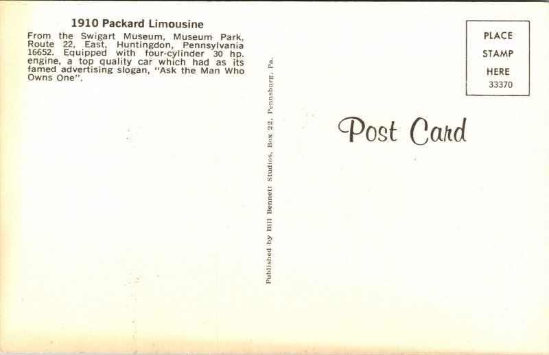 1910 Packard Limousine Swigard Museum Park Route 22 Huntingdon Unp Postcard 