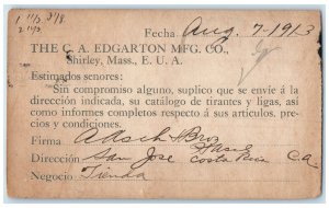 1913 The CA Edgarton Manufacturing CO. MA Adoch & Bros Costa Rica Postal Card