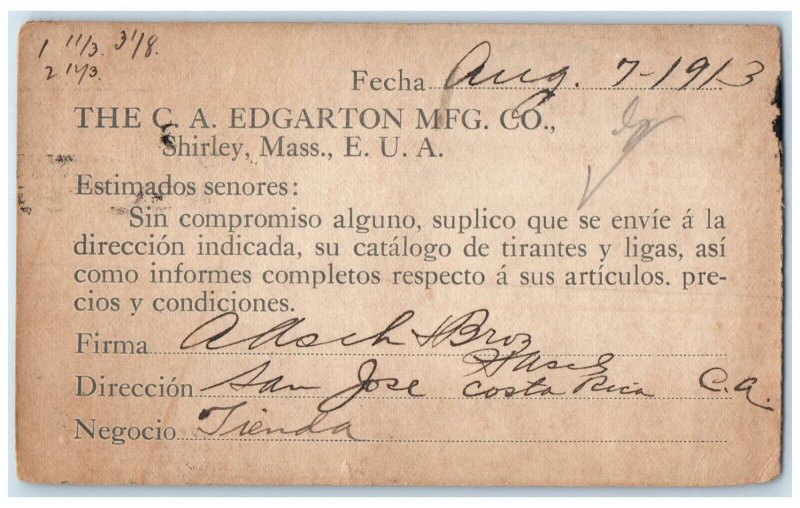 1913 The CA Edgarton Manufacturing CO. MA Adoch & Bros Costa Rica Postal Card