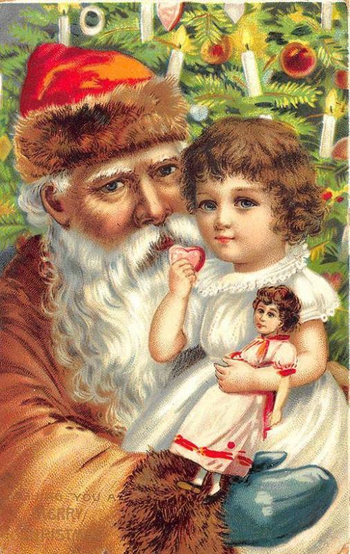 Merry Christmas Brown Suited Santa Claus Girl w/ Doll Postcard