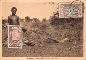 ETHIOPIA SCOTT #128 & 132 STAMPS ABYSSINIE HUNTING OSTRICH POSTCARD (1931)
