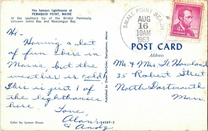 Pemaquid Point Maine ME Postcard 4c Red Stamp PM Lincoln Cancel Lyman Owen PM 