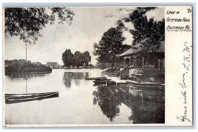 1906 Lake In Patterson Park Baltimore Maryland MD, Sailboat Scene Postcard