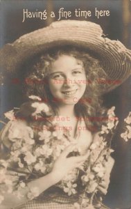 Norway Studio Shot, RPPC, Woman with Flowers & Straw Hat,Having a Fine Time Here