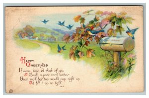 Vintage 1922 Greetings Postcard Cute Blue Birds Country Scene Fall Leaves NICE